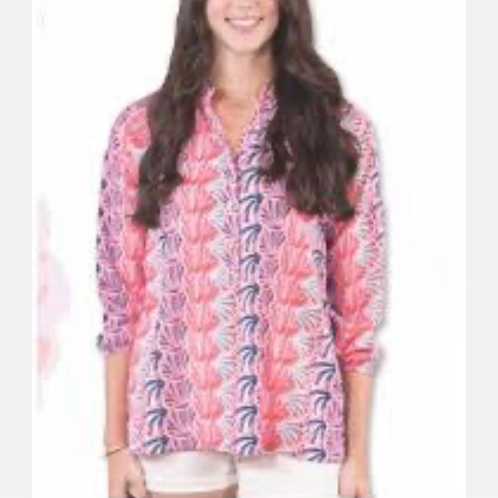 Simply Southern Scallop Peasant Tunic Blouse in Pink & Blue Small